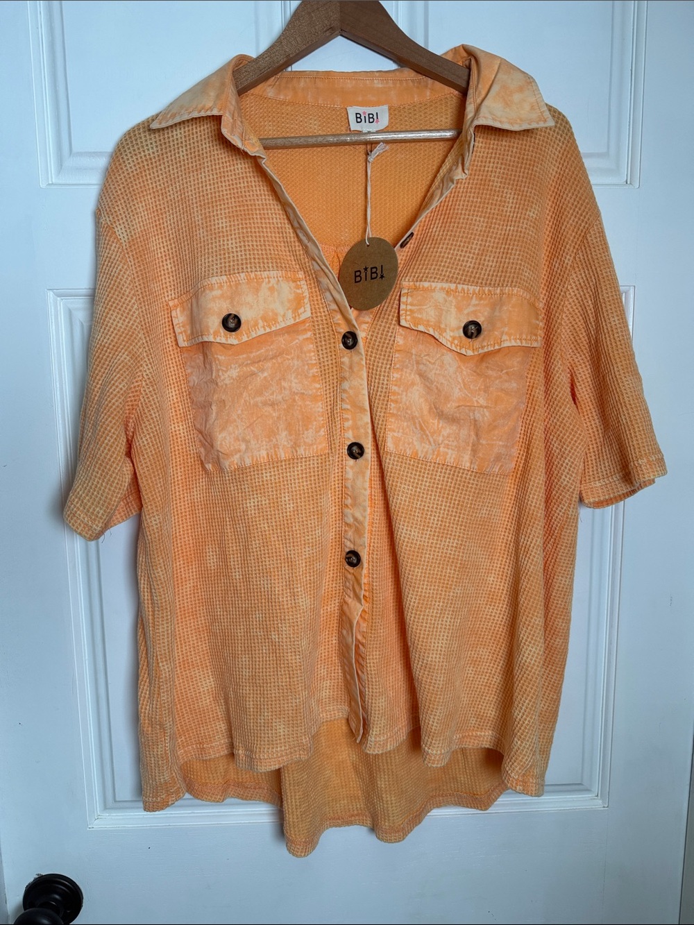 BiBi Peach-Orange Short Sleeve Button Down Shirt